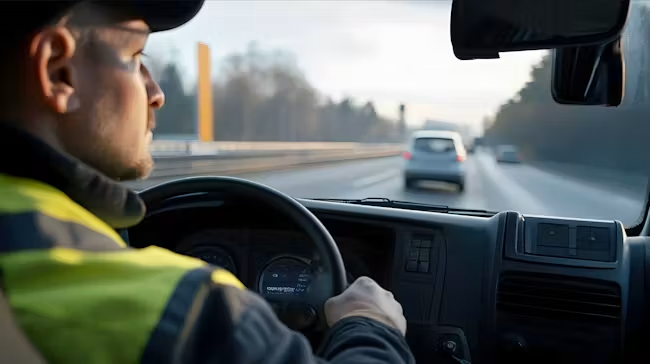 A driver wearing a high-visibility vest is seen from the side, gripping the steering wheel while driving on a dual carriageway. In the background, other vehicles are visible on the road and trees line the horizon under a partly cloudy sky.